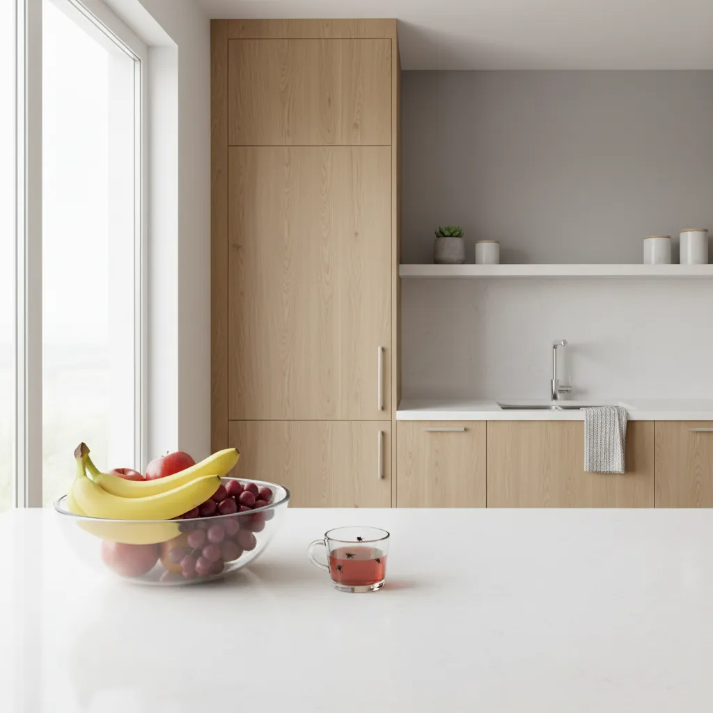 Bowl of fruit and cup of tea on white kitchen counter with wooden cabinets and window
