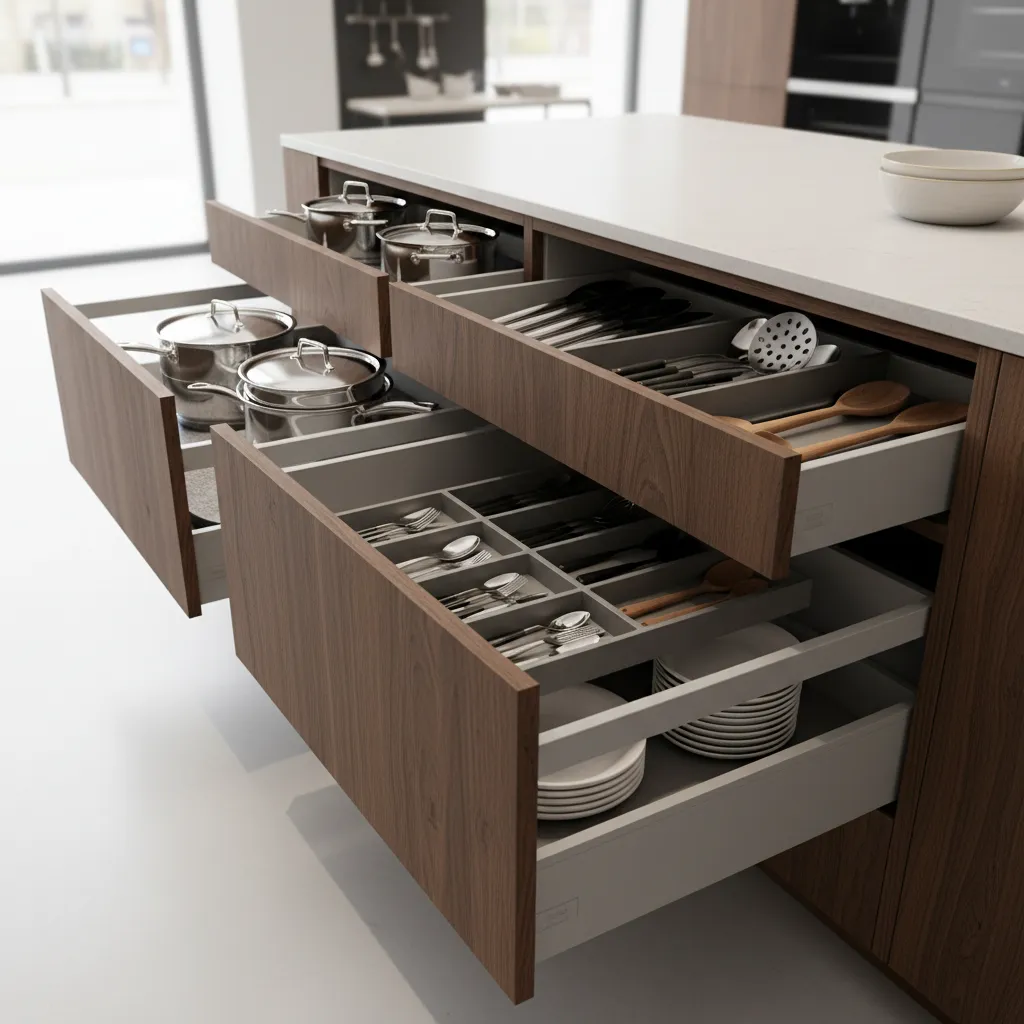 Deep kitchen drawer storage system with organized utensils and cookware