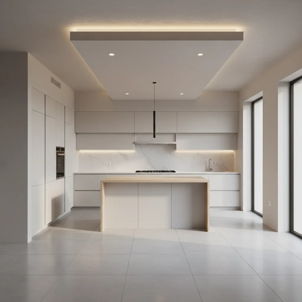 Kitchen ceiling soffit covering horizontal chimney duct