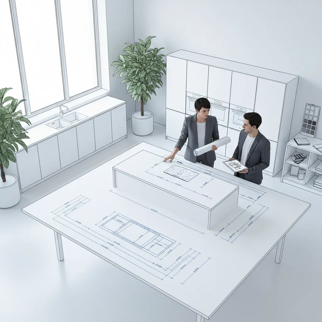 Interior design drawing showing two designers looking at kitchen floor plans on a white table