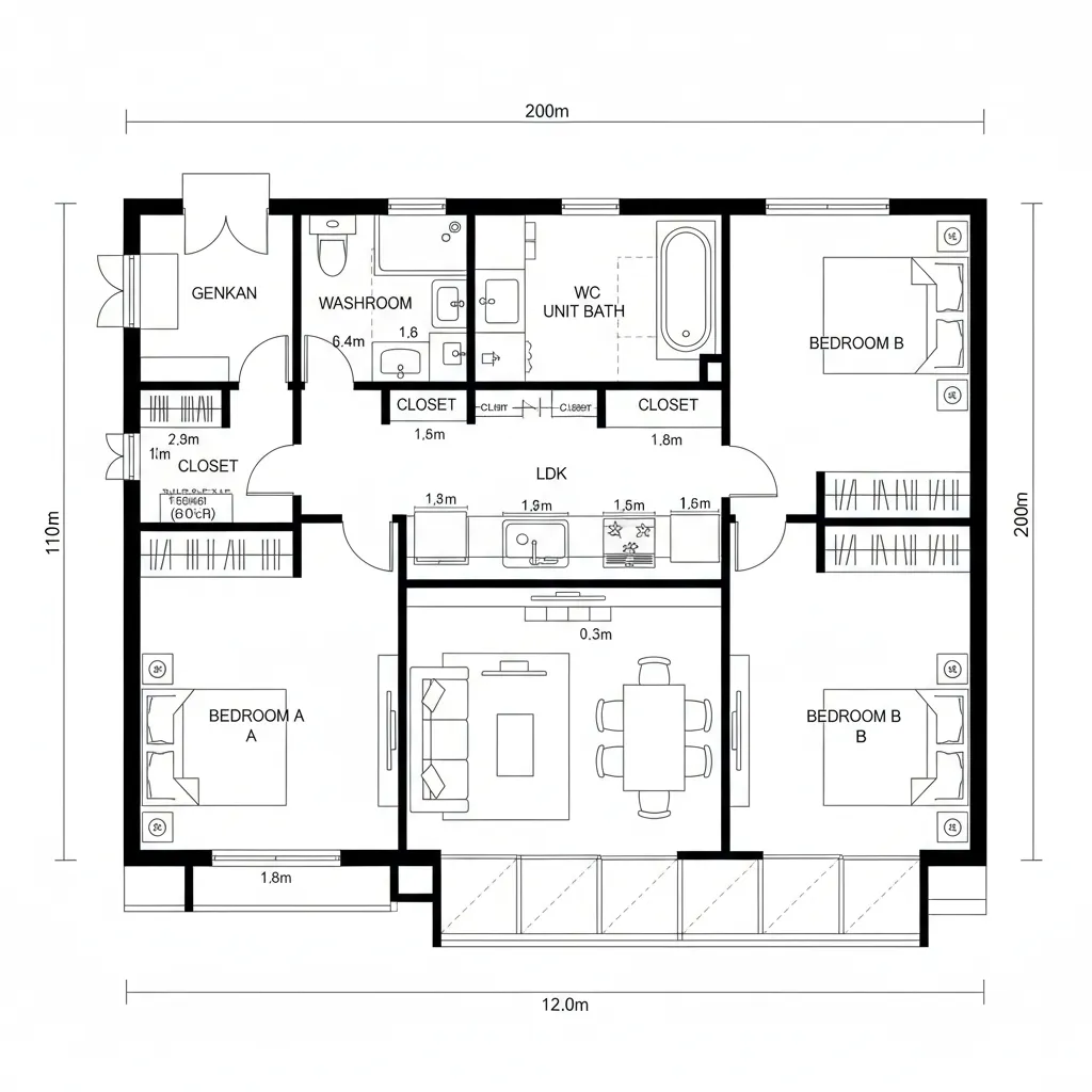 キッチンを背骨にする平面
