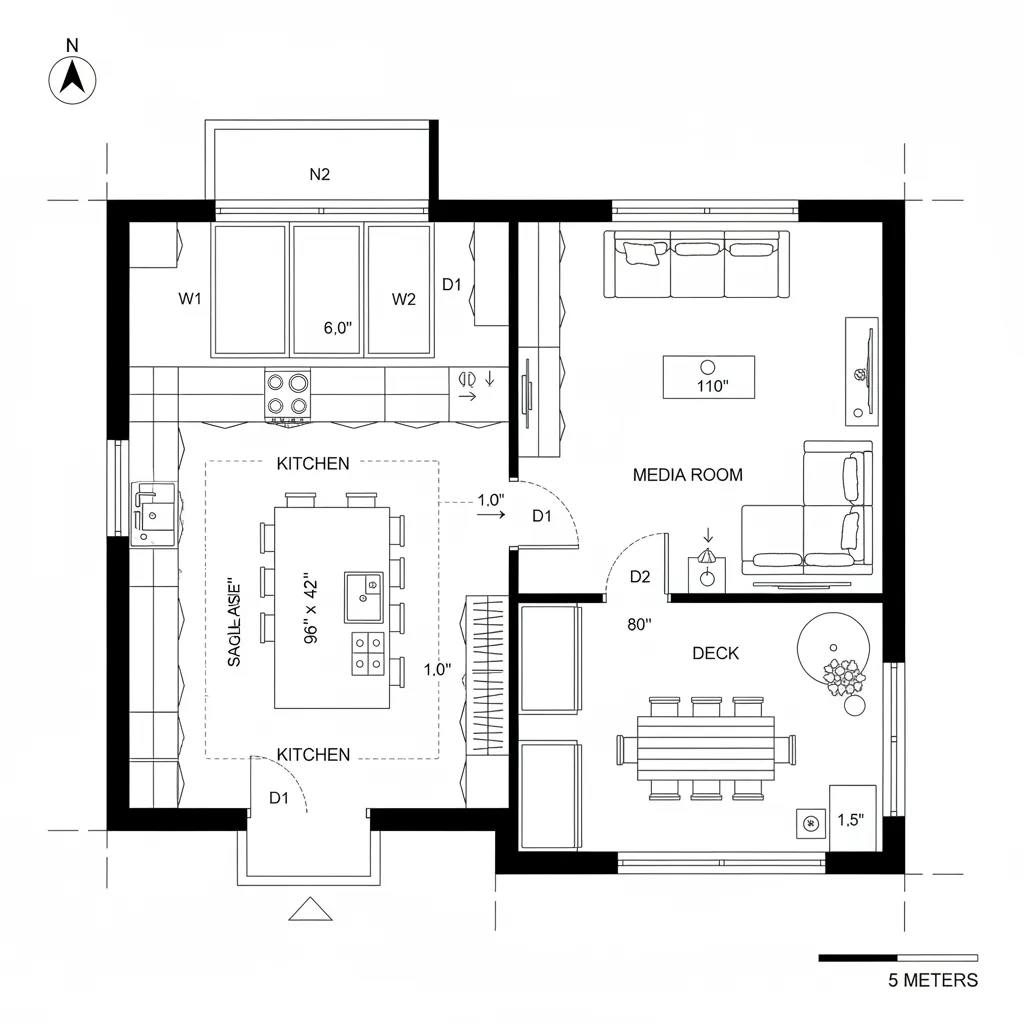 2D floor plan of kitchen spine connecting media room to deck and garden
