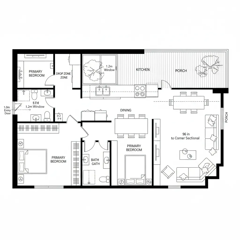 Top-down linear kitchen spine plan with living and dining branching to a porch edge