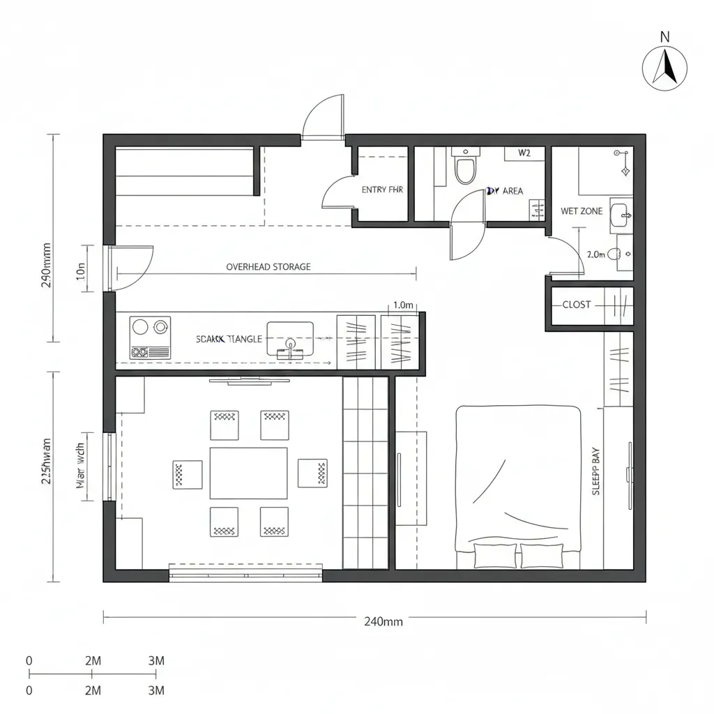 Top-down CAD plan with linear galley kitchen spine and switchable washitsu pocket