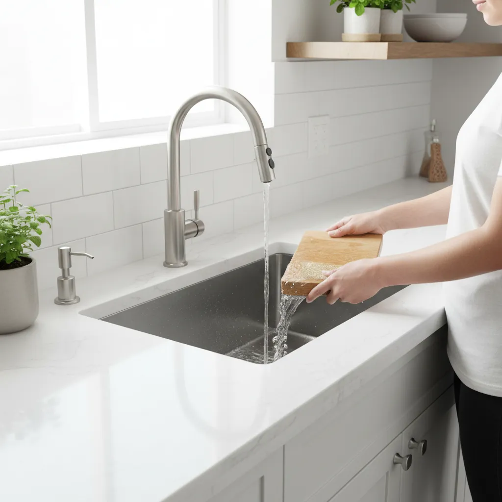 Person washing wooden cutting board under running water in a modern white kitchen sink setup