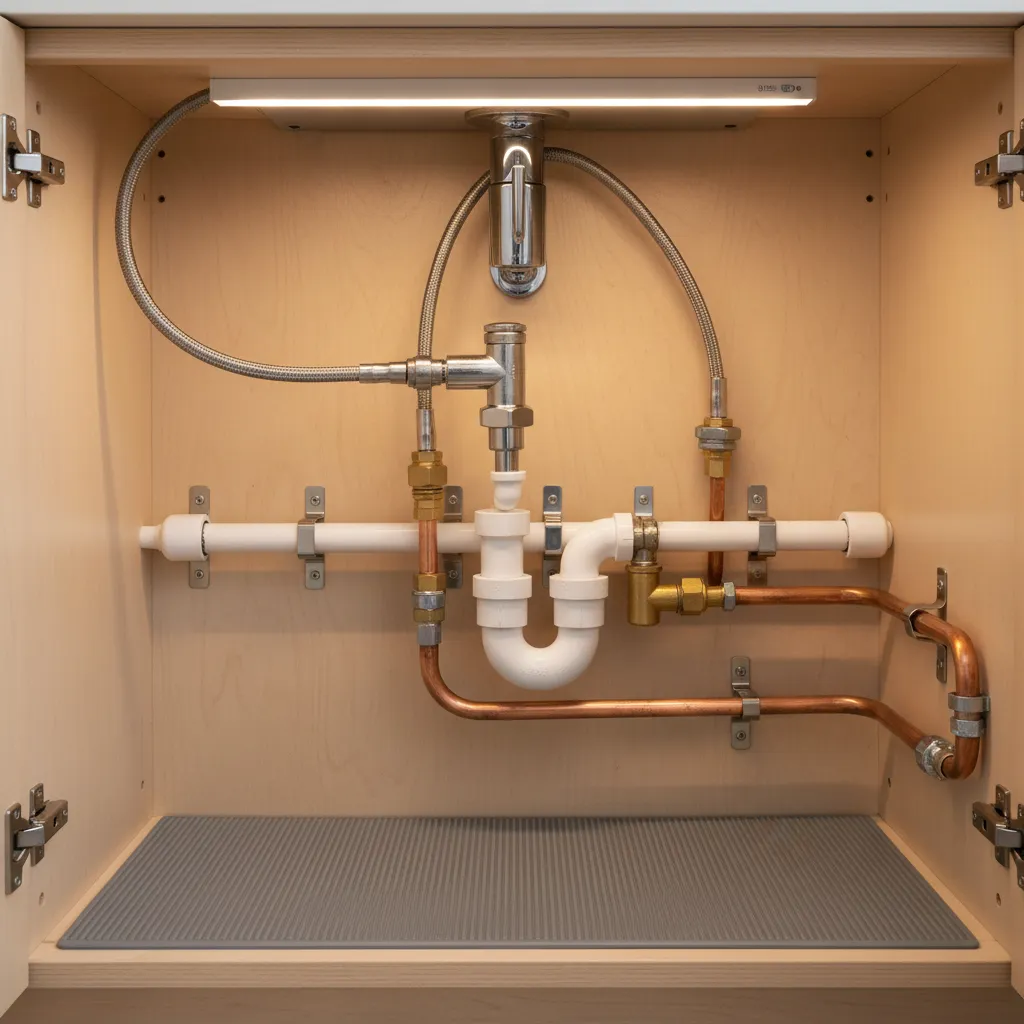 Under sink view showing kitchen sprayer hose connection and plumbing