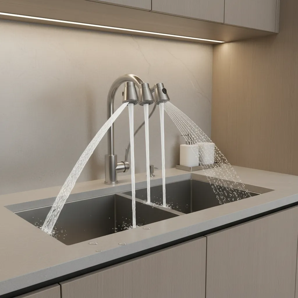 Different kitchen faucet spray patterns shown over sink area