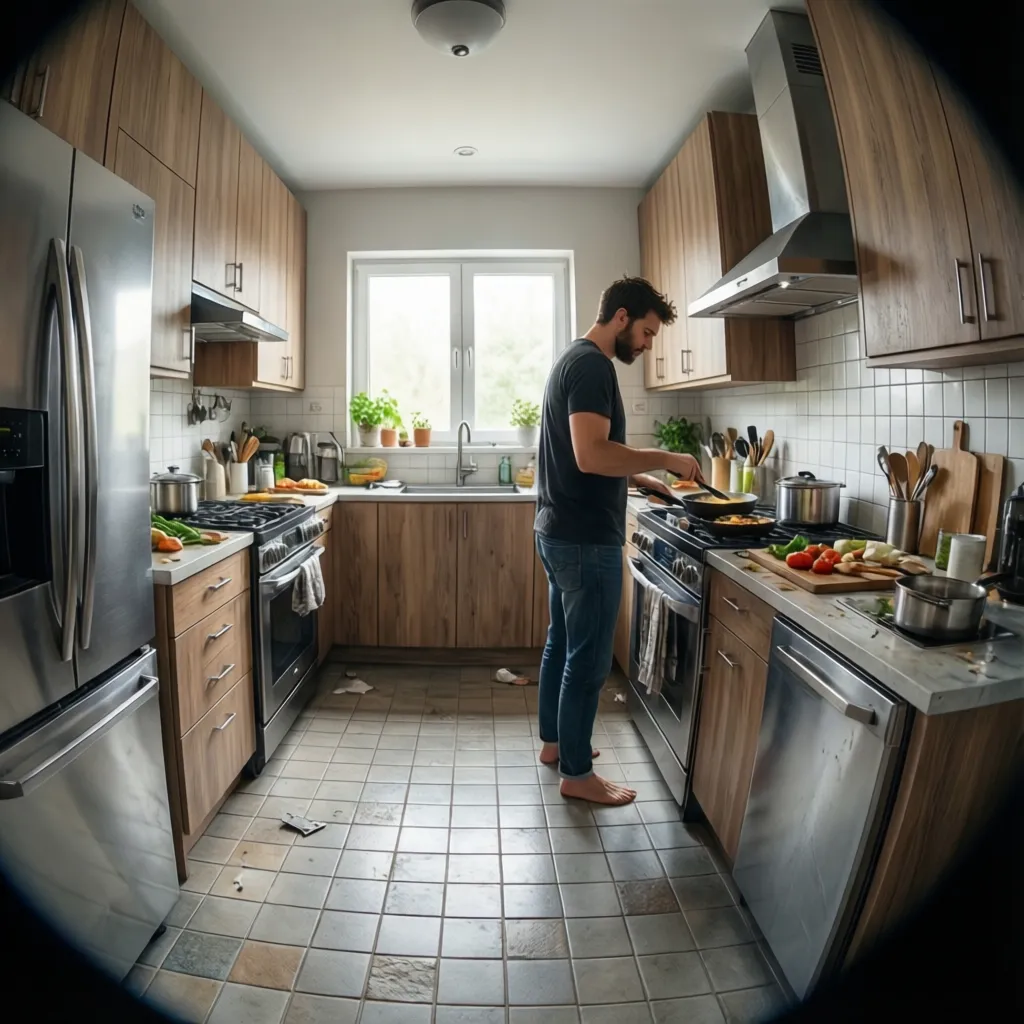 Person standing barefoot in kitchen on hard tile floor while cooking