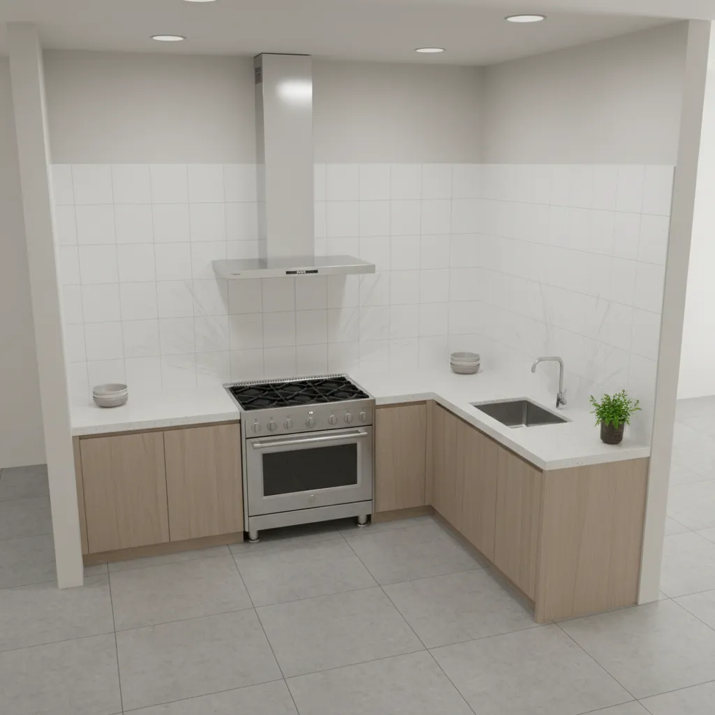 L-shaped kitchen layout with light wood cabinets white tile backsplash gas stove and silver sink