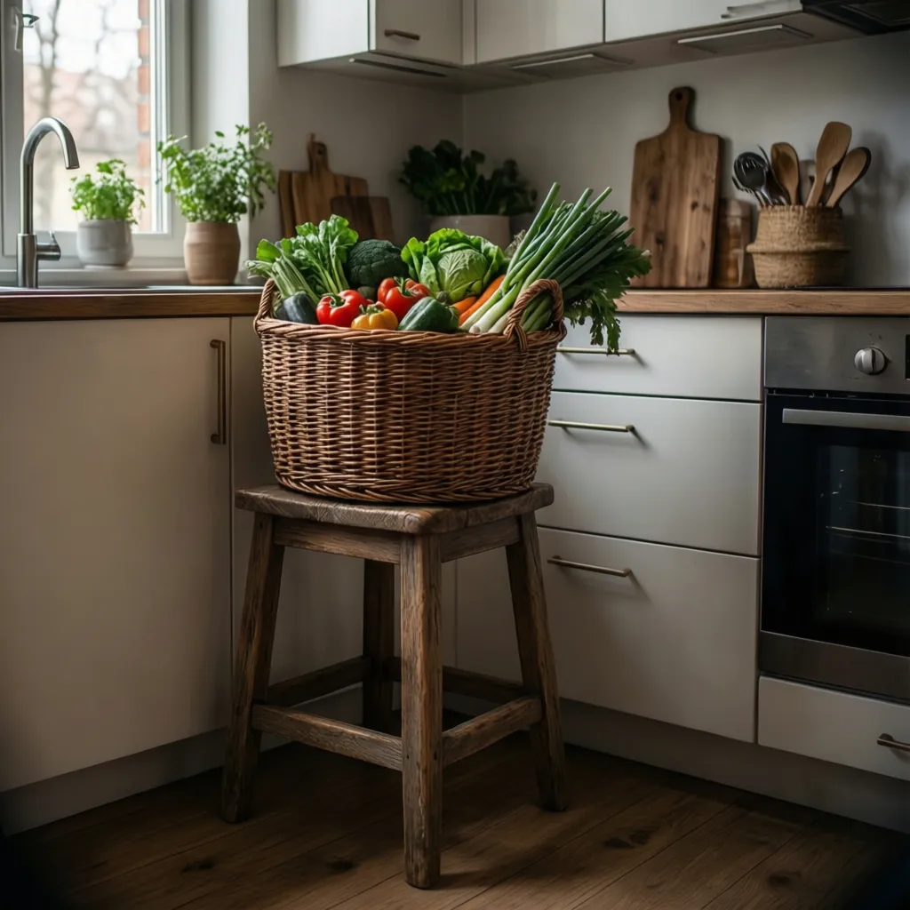 Wooden stool holding a large basket filled with fresh vegetables in a bright kitchen corner