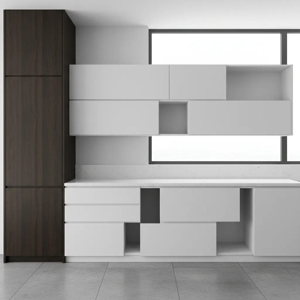 Kitchen demonstrating difficult storage access in irregular cabinet layout