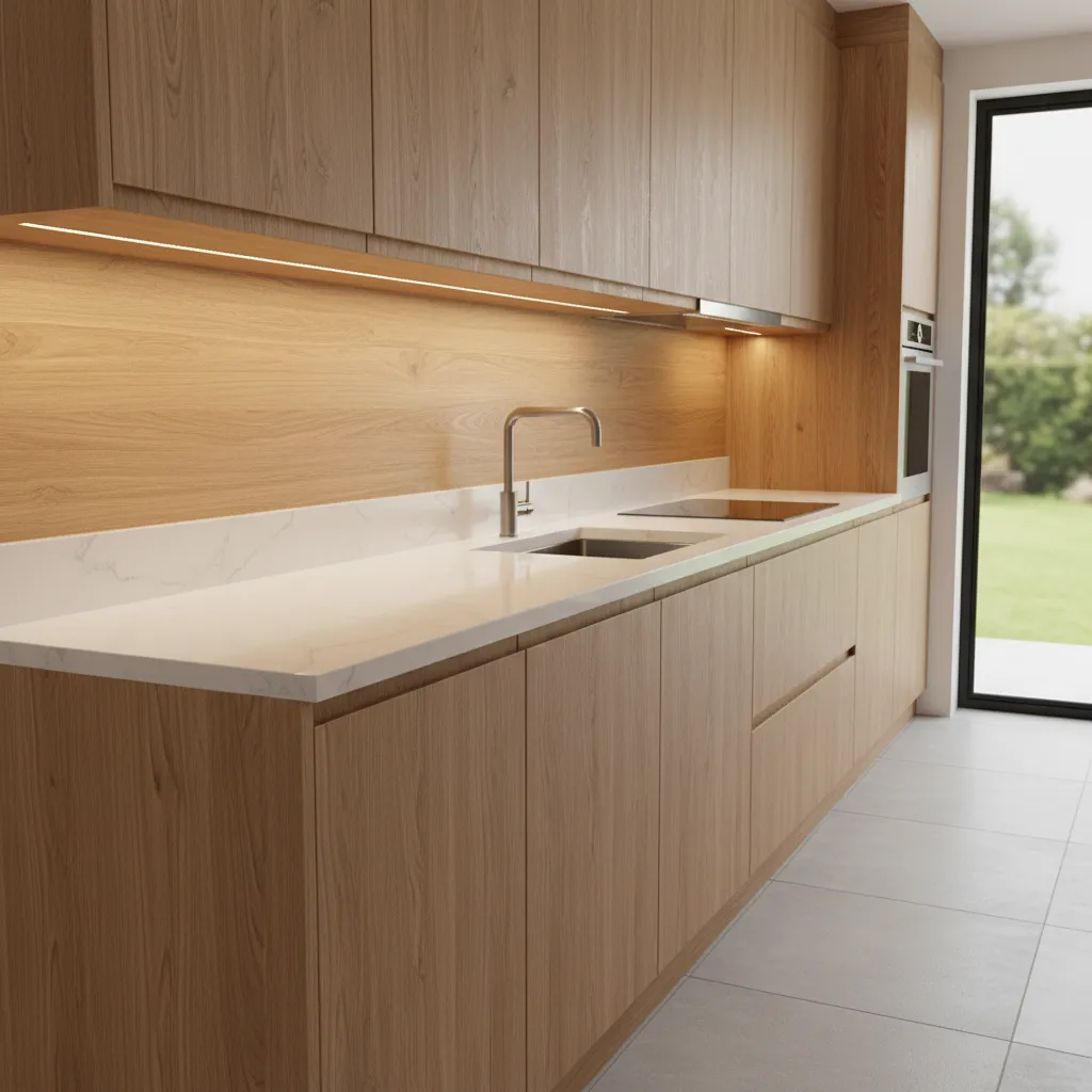 Close view of kitchen cabinetry storage and stone countertop materials