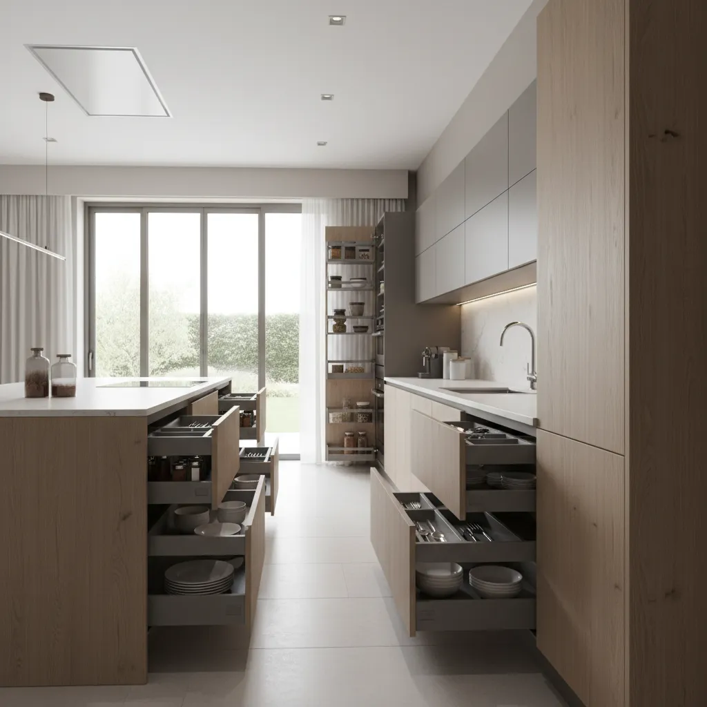 Kitchen cabinet layout and storage planning visualization