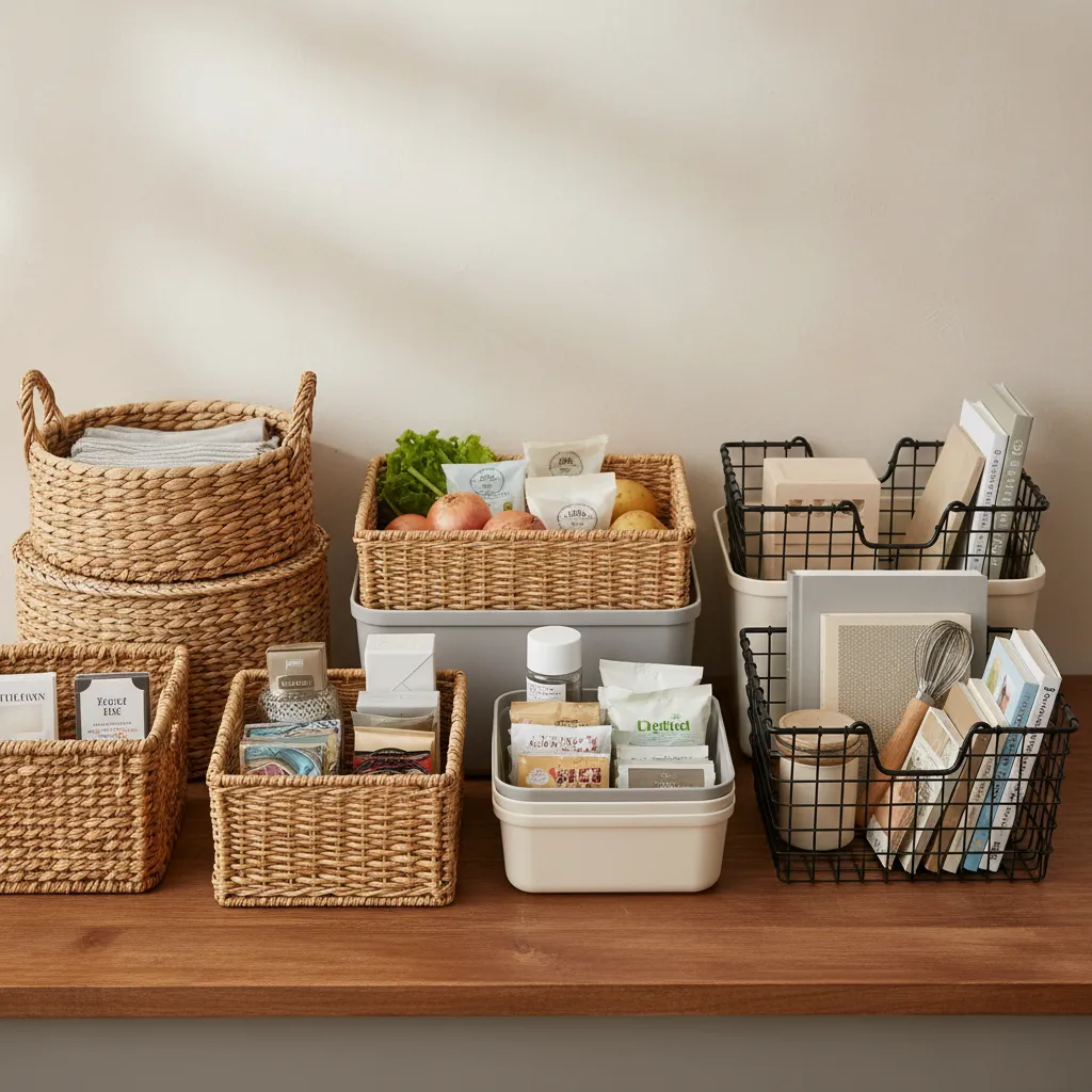 Different basket materials including wicker metal and resin for kitchen storage