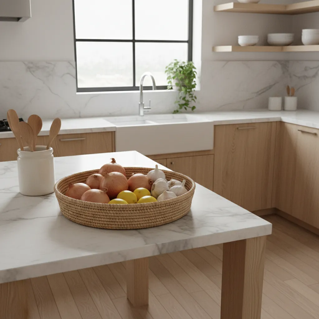 decorative basket on kitchen counter holding fruits and vegetables