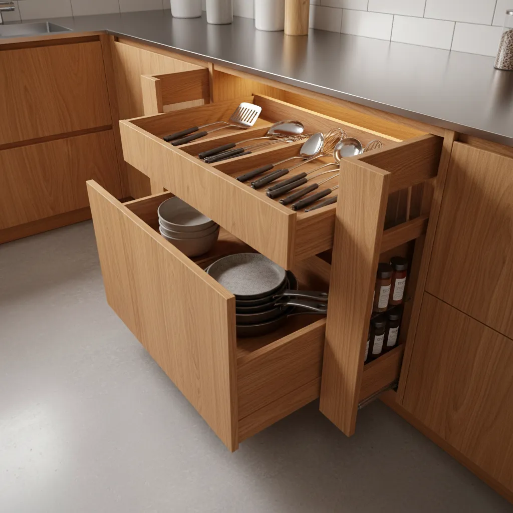 modern kitchen cabinet storage solutions and drawer organization