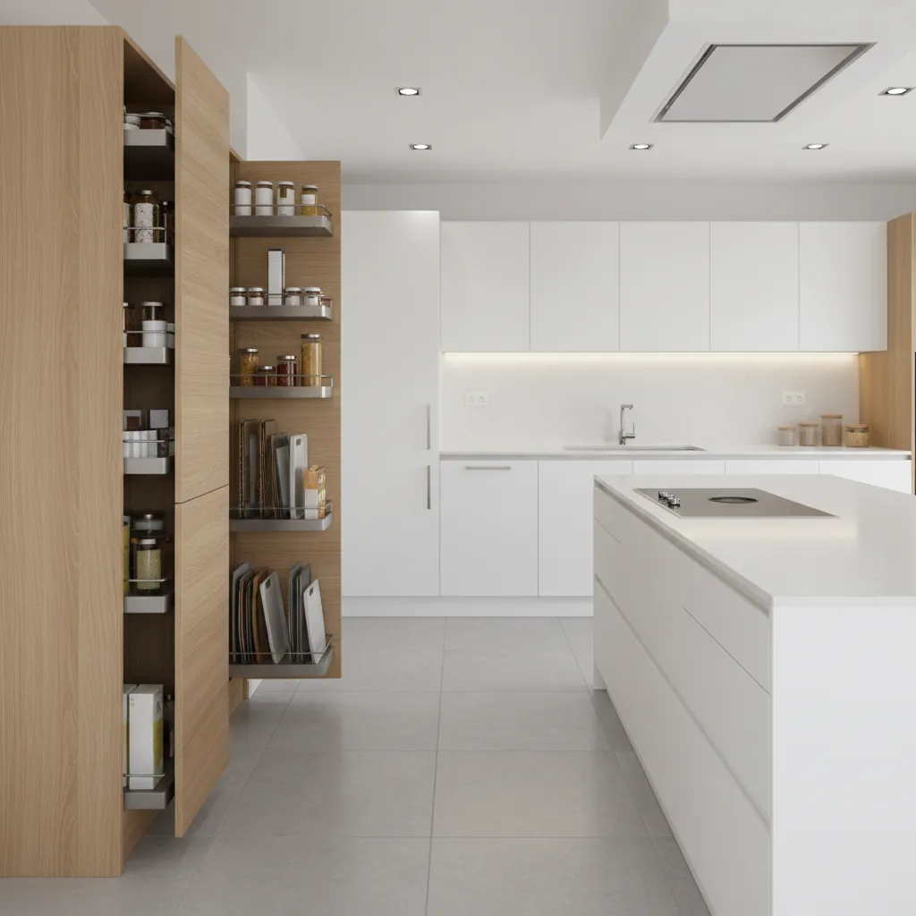 White minimalist kitchen design featuring tall wood storage cabinets with pull out shelves for spices