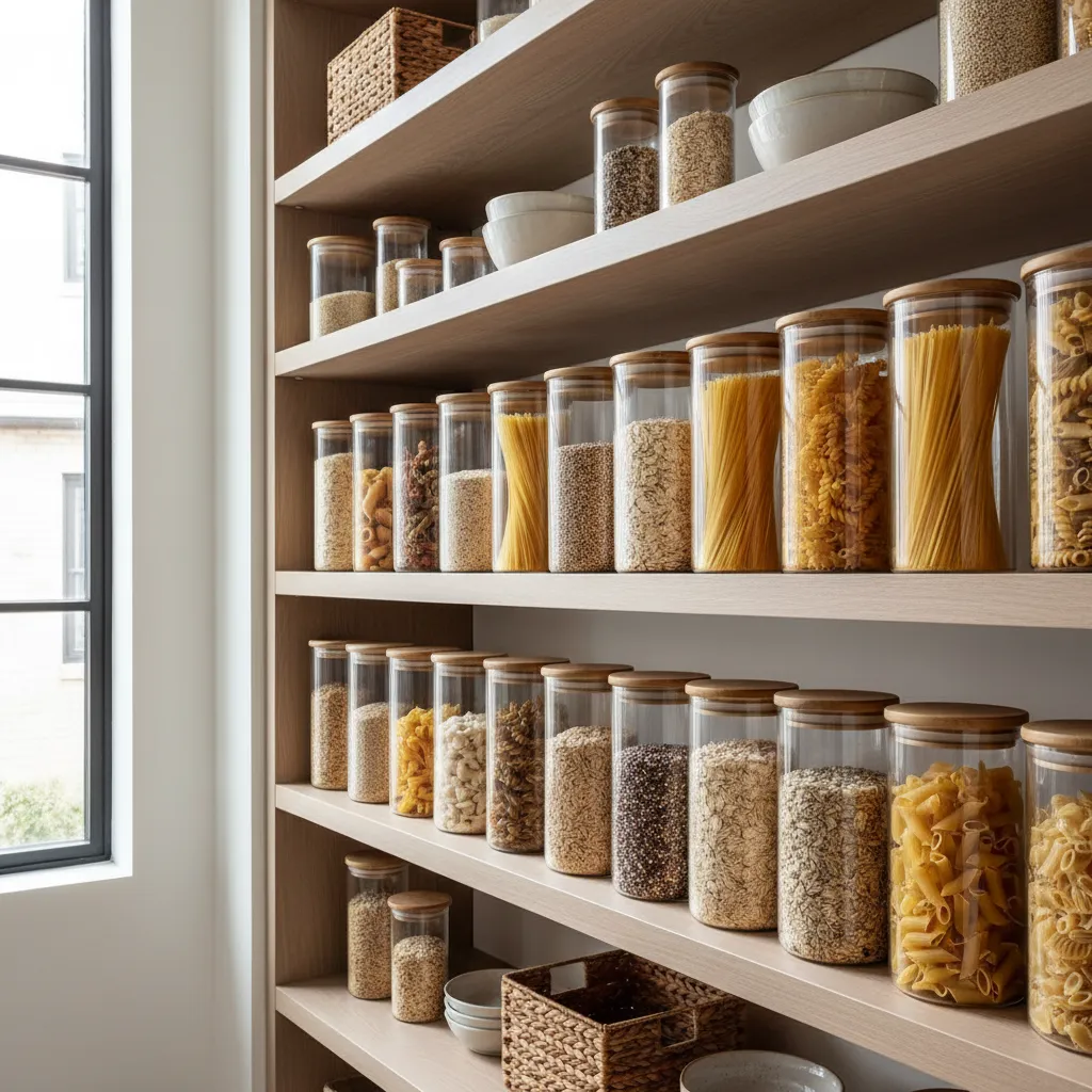 Airtight food storage containers organized inside a kitchen pantry