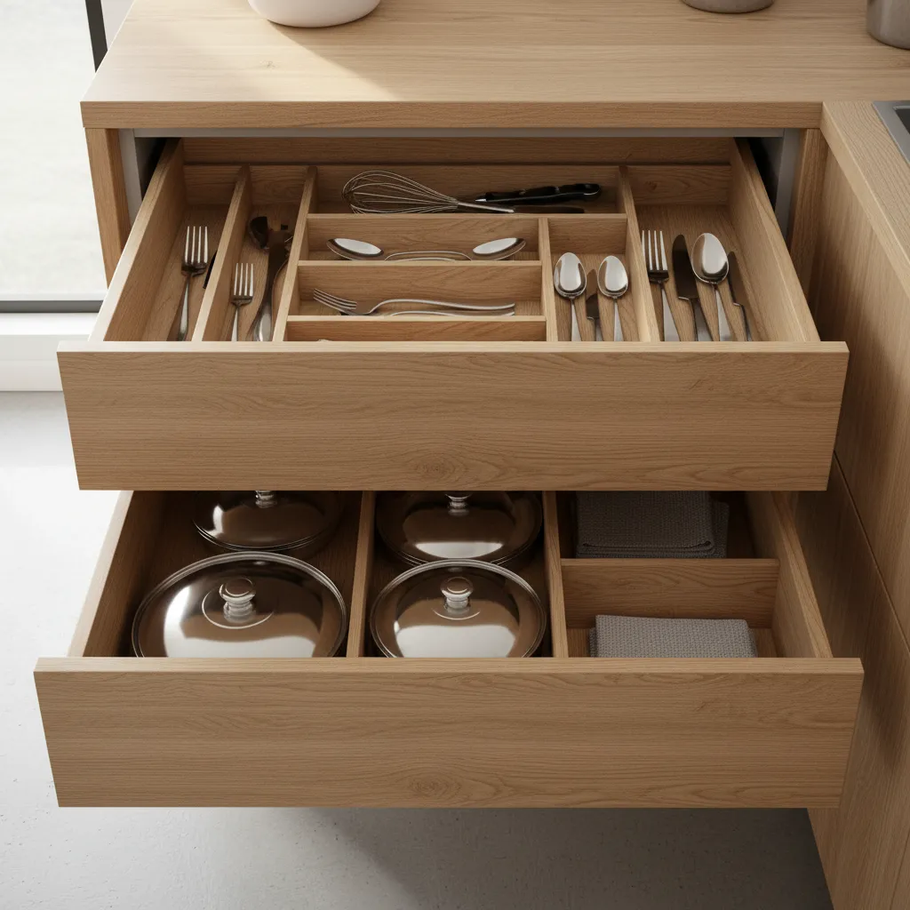 modern kitchen drawer storage system inside base cabinet