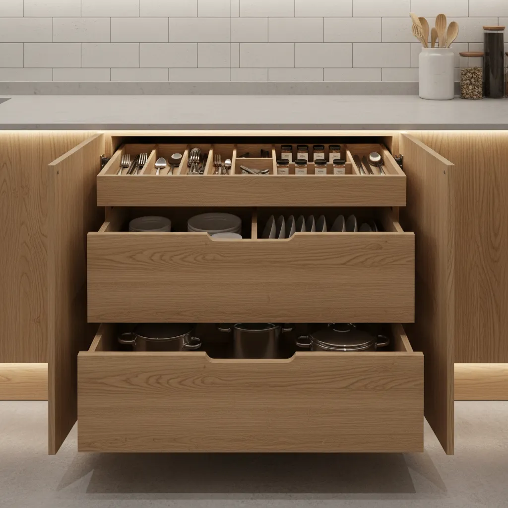 modern kitchen cabinets with pull out drawers and organized storage