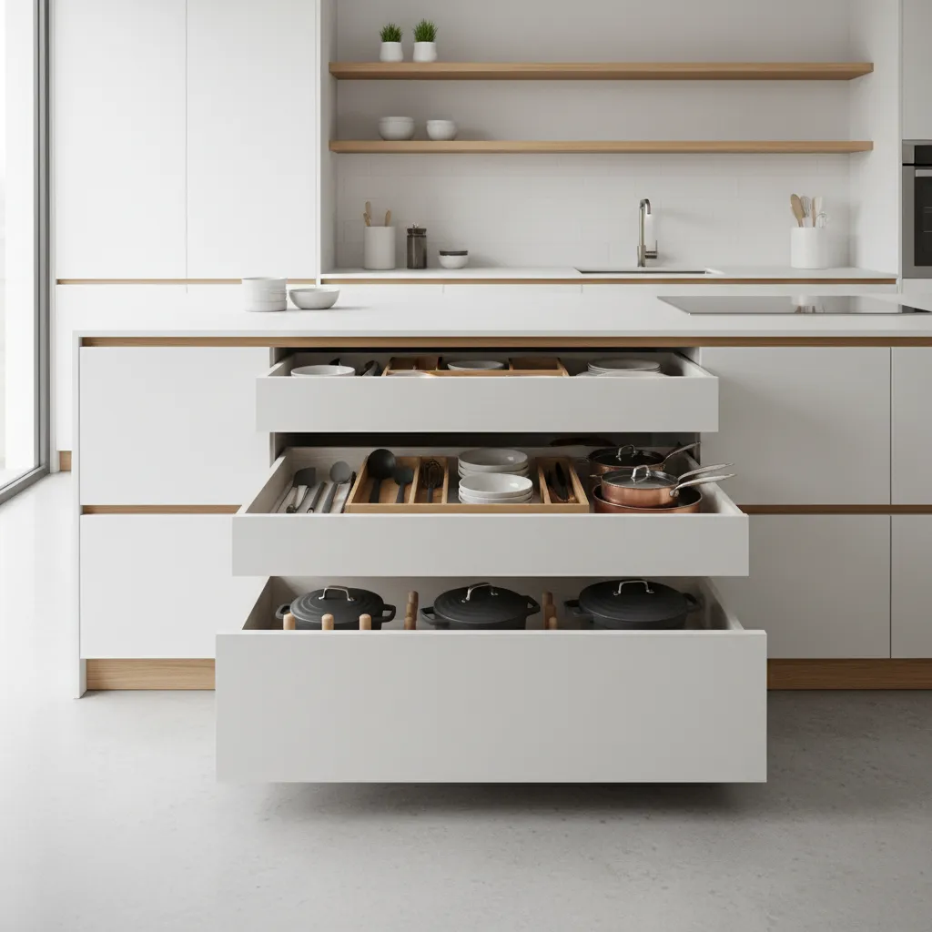 Modern white kitchen island with open drawers showing organized cutlery and cooking pans below shelves