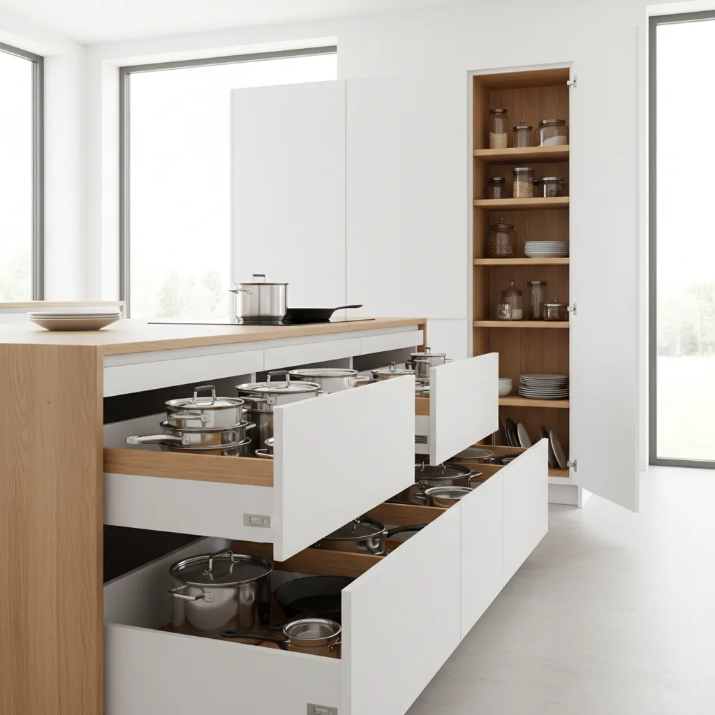 Kitchen storage solution with deep drawers and pull out pantry