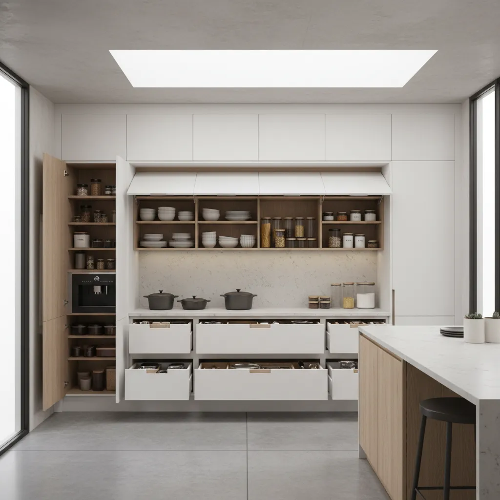 3D kitchen design showing cabinet storage organization