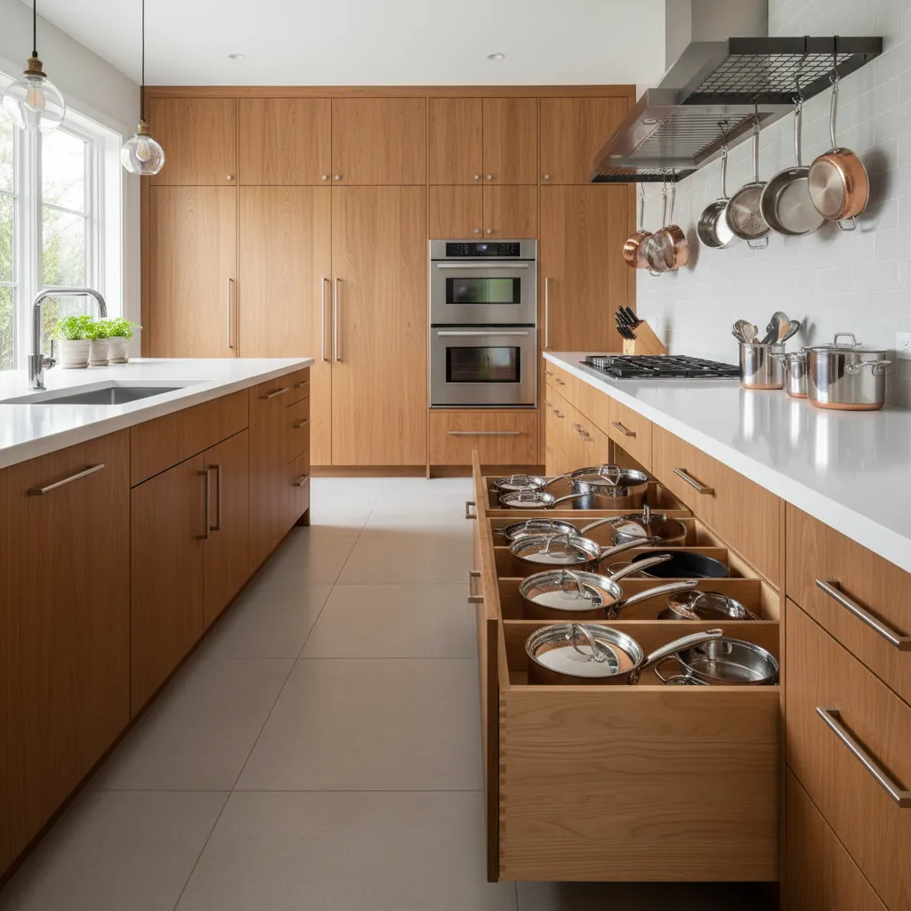 Modern wooden kitchen with large storage cabinets and deep drawers filled with many metal cooking pans