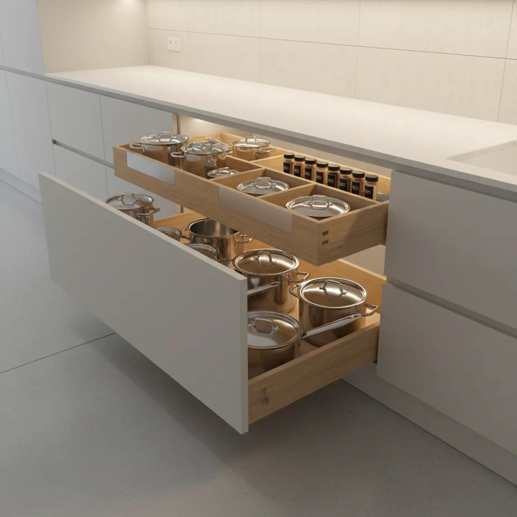 modern kitchen drawer storage system with organized cookware