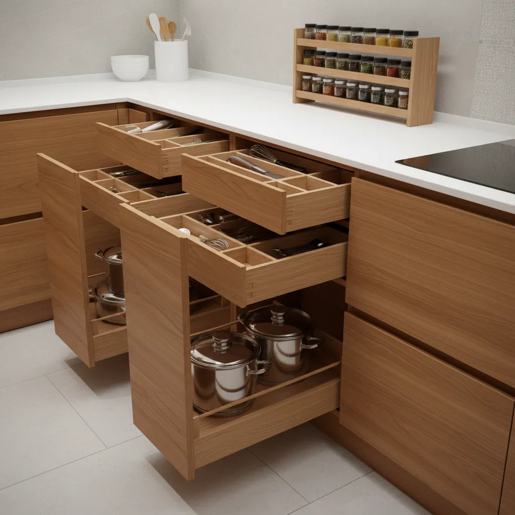 smart kitchen storage drawers and cabinet organizers for Indian cooking utensils