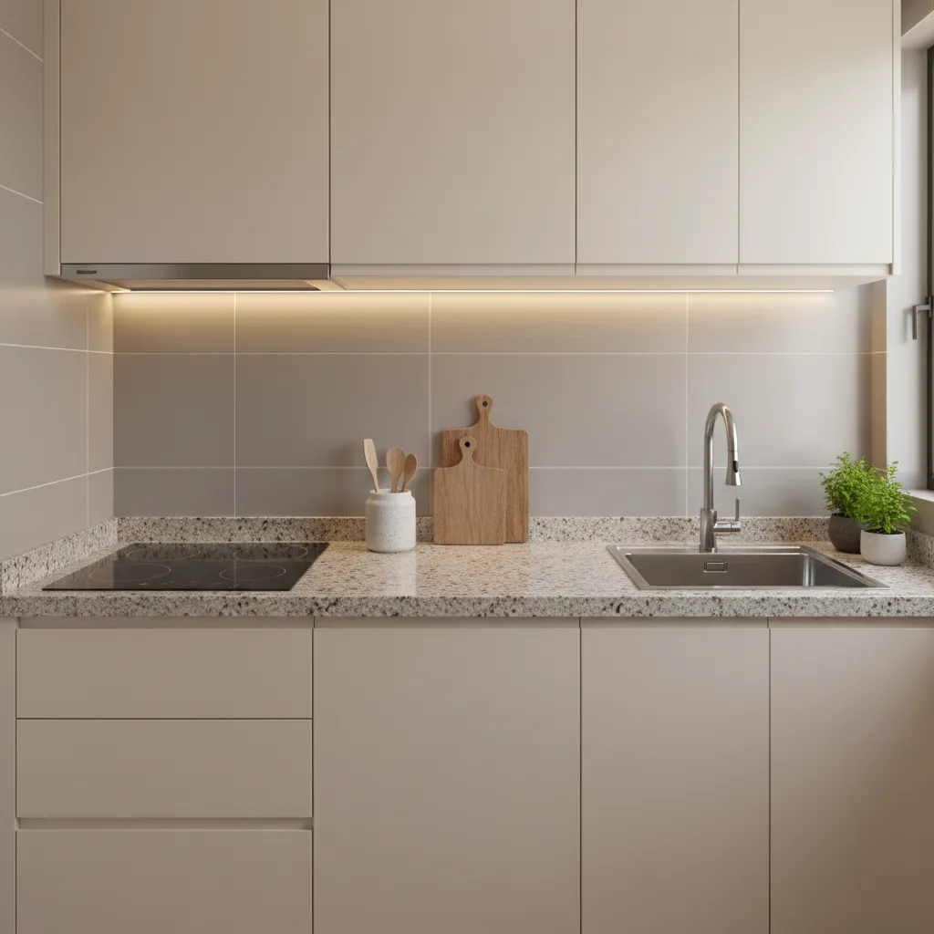 Small kitchen counter showing separation between stove and sink using prep space