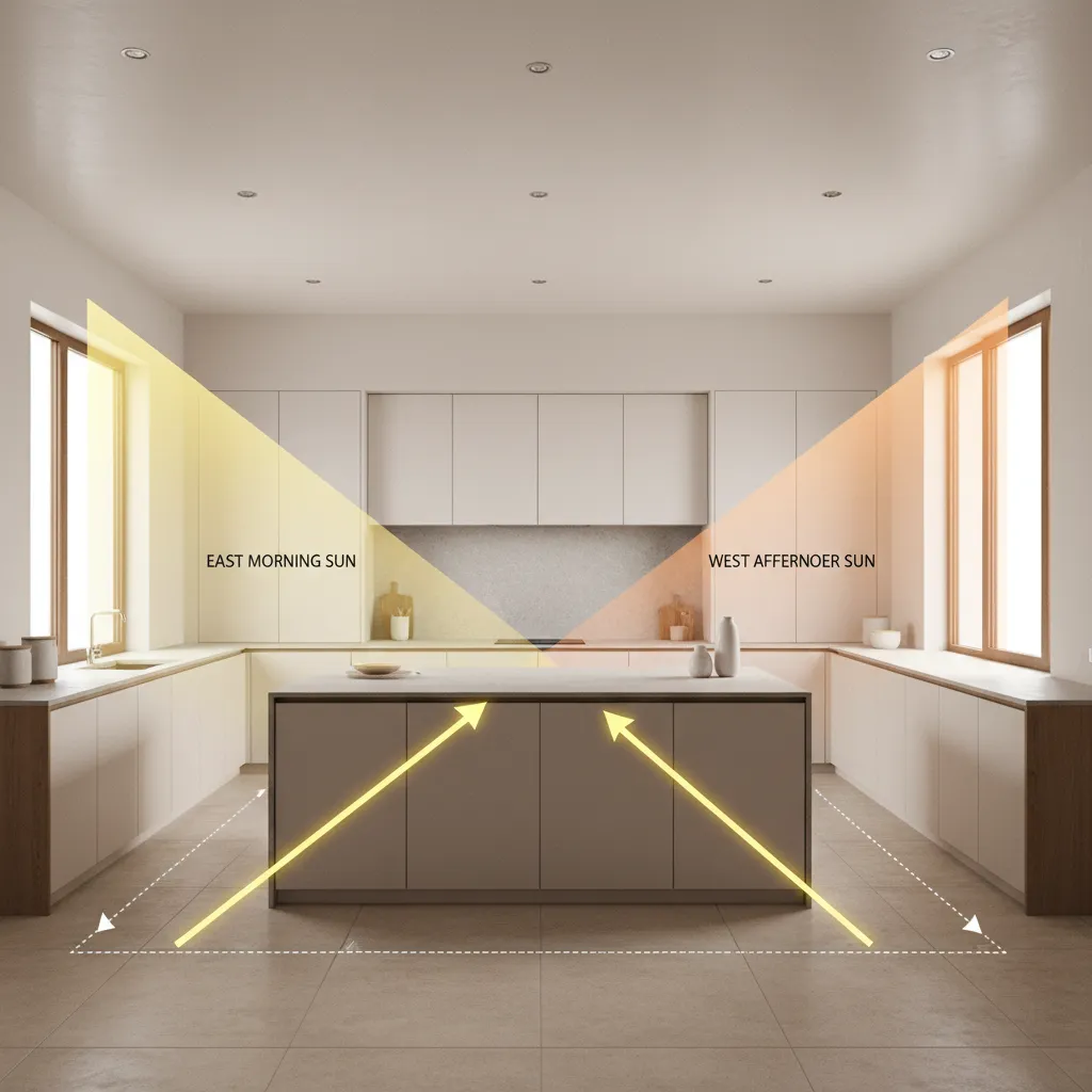 Modern kitchen diagram showing morning and afternoon sunlight directions with yellow arrows on large island