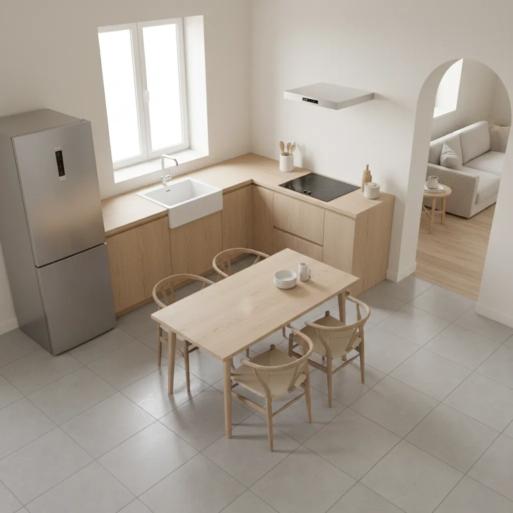 kitchen table blocking walkway between refrigerator and counter