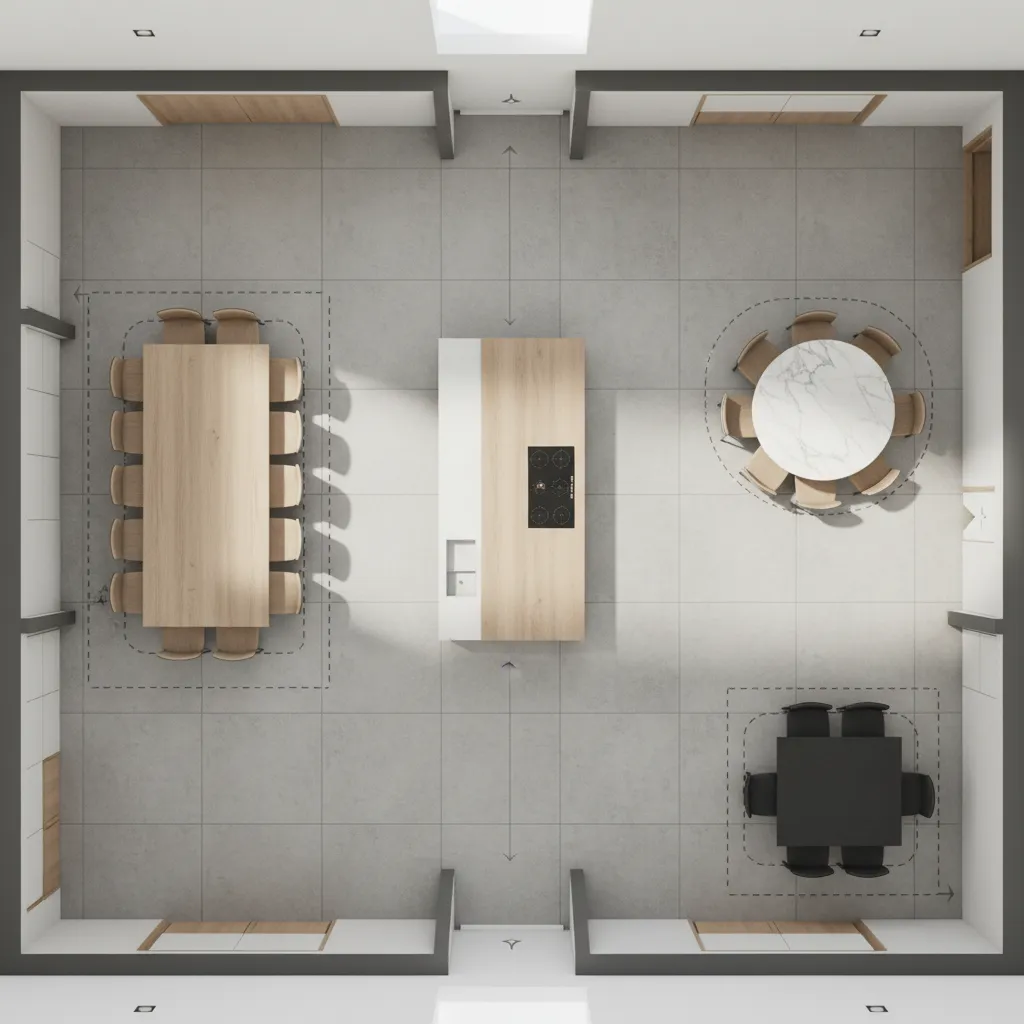 diagram style comparison of rectangular round and square table clearance in kitchen