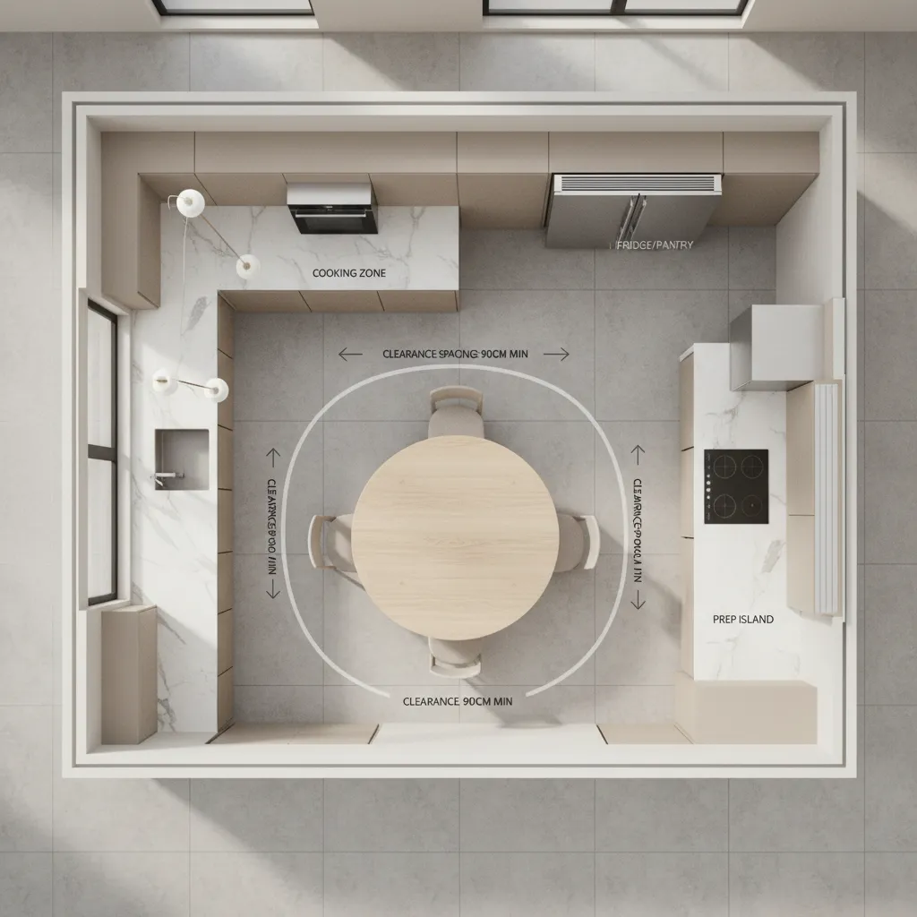 Kitchen layout diagram showing recommended clearance distances around a dining table