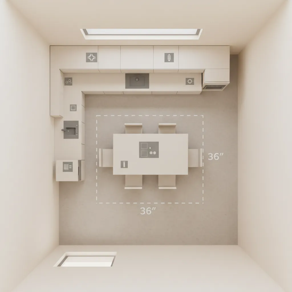 kitchen layout diagram showing walkway clearance around a dining table