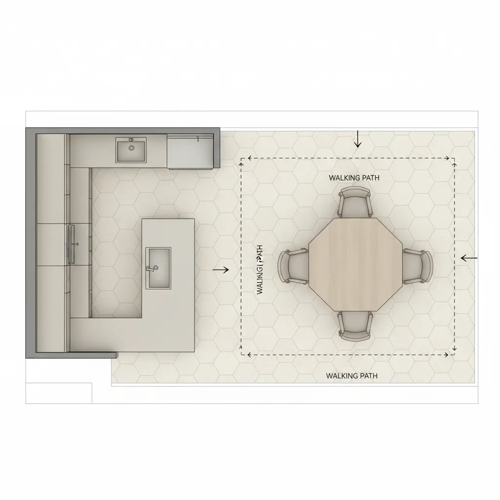 Kitchen layout showing recommended clearance space around hexagon table