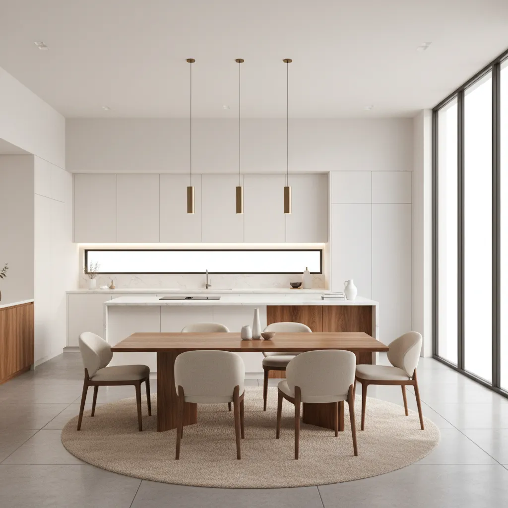 comparison of wood dining table with white cabinets showing balanced color pairing