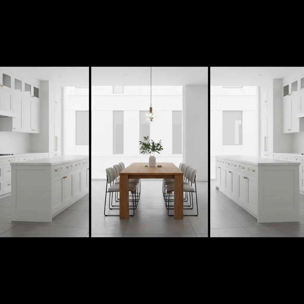 Kitchen layout showing different dining table materials with white cabinets