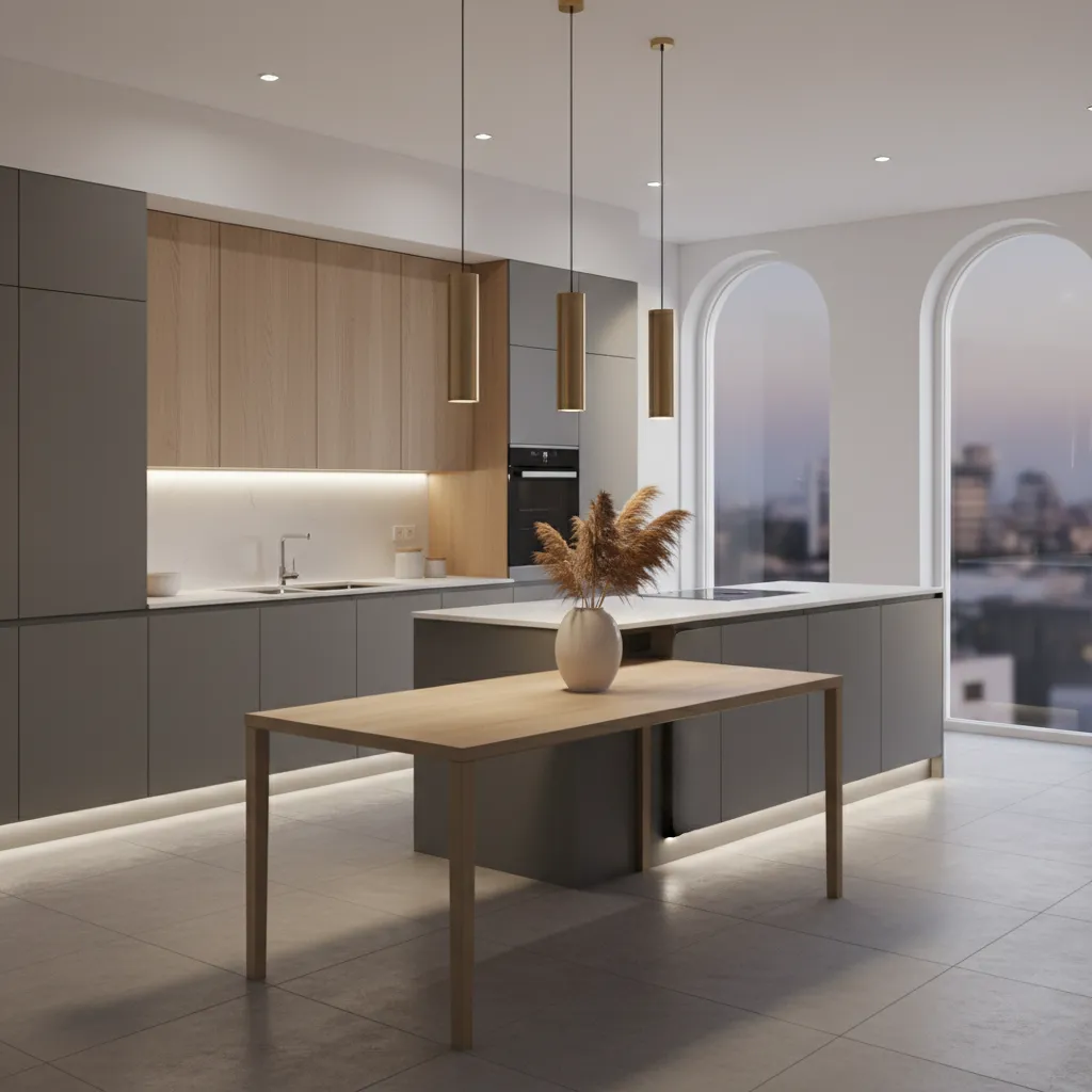 Pendant lighting positioned above a kitchen dining table