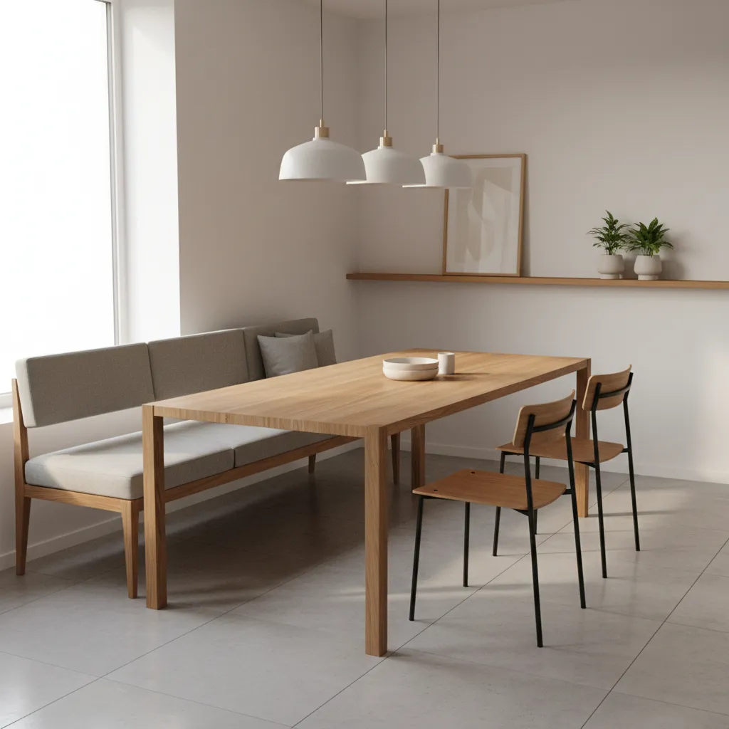 Kitchen dining table with bench seating and slim chairs to improve circulation space