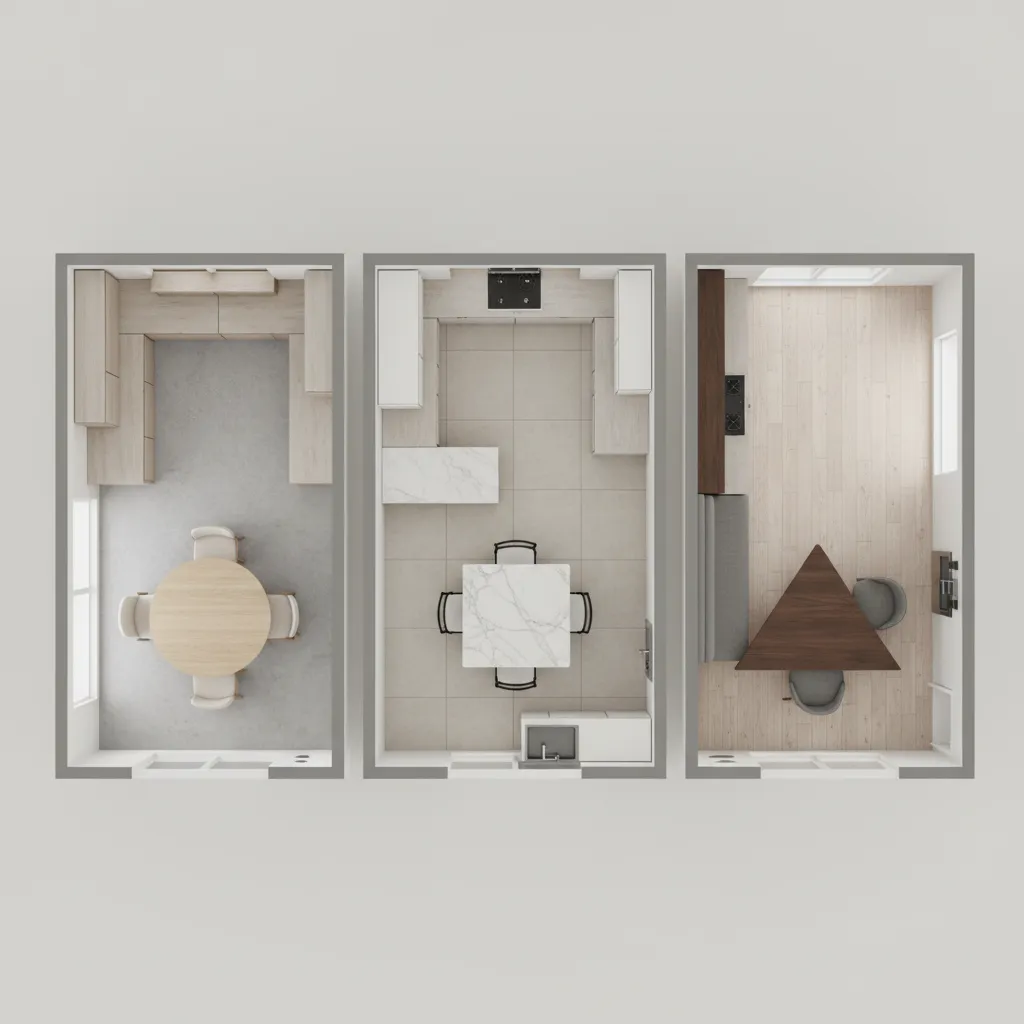 diagram style layout comparison of round square and triangular kitchen tables in small spaces