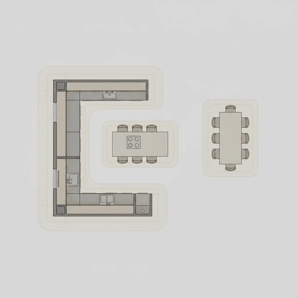 Kitchen layout showing clearance space around dining table