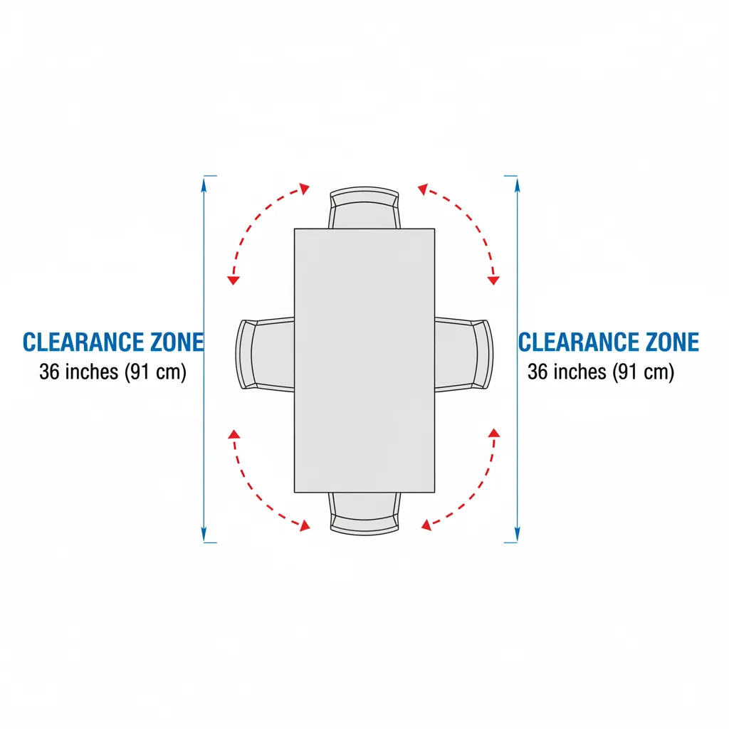 diagram showing clearance space around narrow kitchen table and chair pull back area