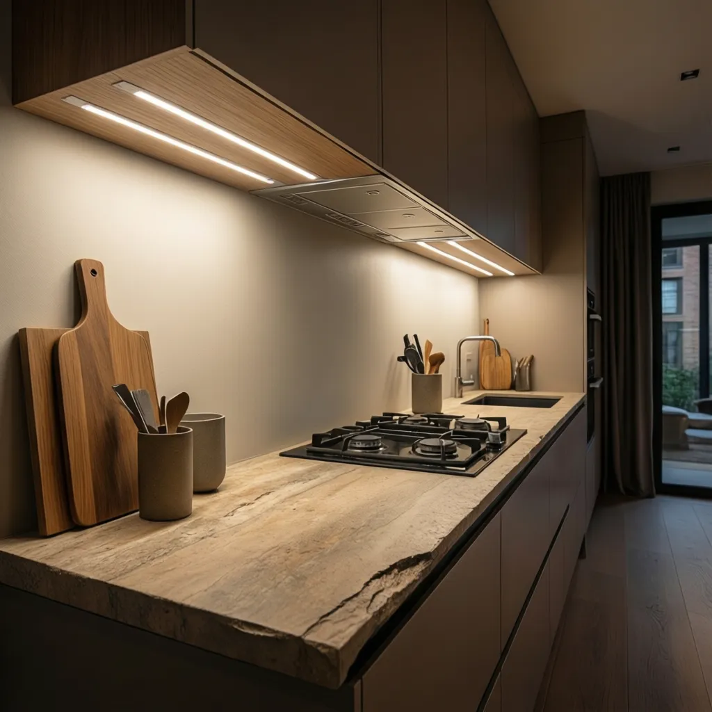 Cocina moderna con iluminación directa sobre encimera