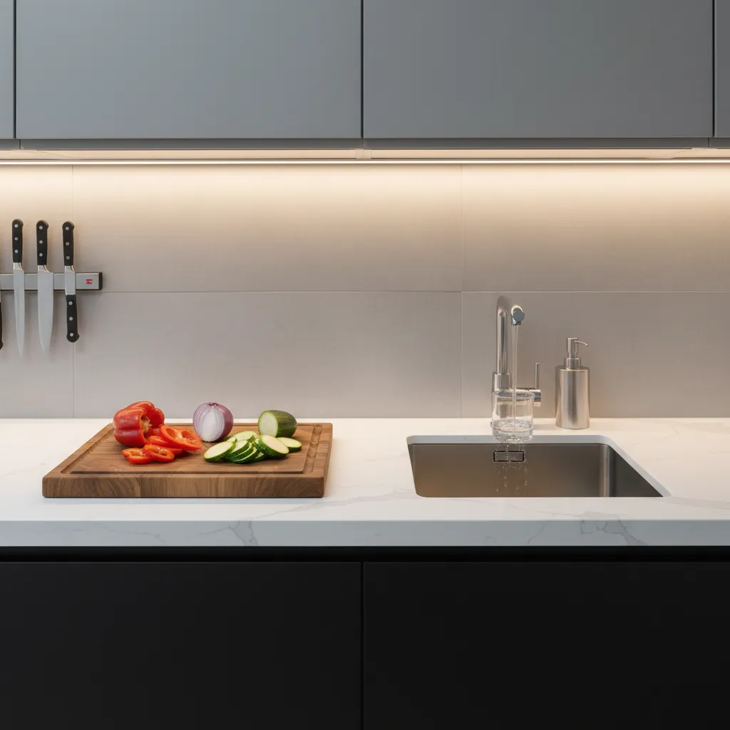 Brightly illuminated kitchen countertop workspace with under cabinet task lighting