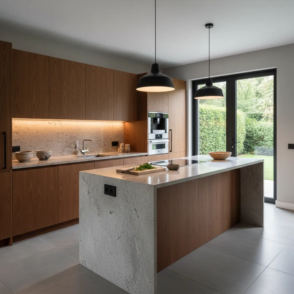 Modern kitchen with wooden cabinets stone island two black hanging lights and a large glass door