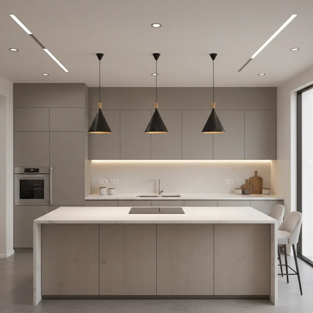 Kitchen showing recessed lights and under cabinet lighting layout