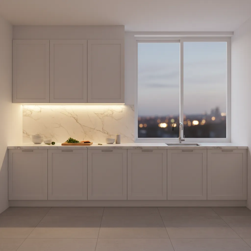 Kitchen counter with under cabinet lighting demonstrating higher lux levels