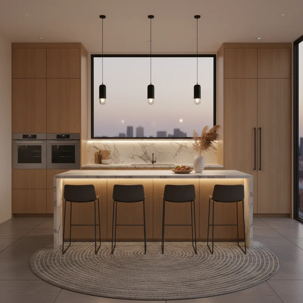Modern kitchen with wood cabinets island four bar stools three ceiling lights and city view